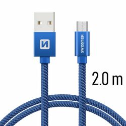 Dátový kábel Swissten textilný s Micro-USB konektorom a podporou rýchlonabíjania, modrý foto