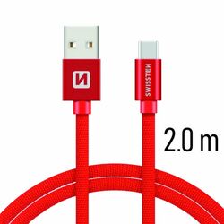 Dátový kábel Swissten textilný s USB-C konektorom a podporou rýchlonabíjania, červený foto