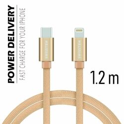 Dátový kábel Swissten textilný s USB-C, Lightning konektormi a podporou rýchlonabíjania, zlatý | pgs.sk