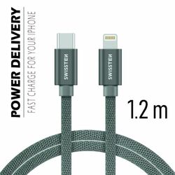 Dátový kábel Swissten textilný s USB-C, Lightning konektormi a podporou rýchlonabíjania, sivý | pgs.sk