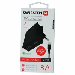 Rýchlonabíjačka Swissten Smart IC 3.A s 2 USB konektormi a dátový kábel USB / Lightning MFi 1,2 m, čierna foto