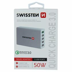 Rýchlonabíjačka Swissten Smart IC 50 W s podporou QuickCharge 3.0 a 5 USB konektormi, biela | pgs.sk